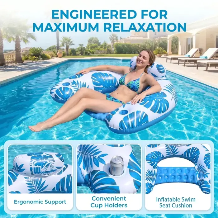 Transat gonflable en forme de feuilles tropicales avec appui-tête et porte-gobelets