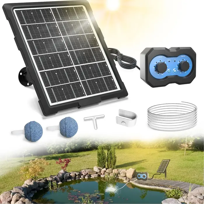 Pompe à air solaire avec minuterie, pompe à oxygène solaire pour étang, 2 modes, aérateur solaire po