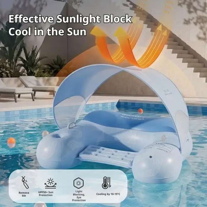 Fauteuil flottant gonflable pour piscine avec auvent pare-soleil, chaise longue flottante en forme de U avec porte-gobelets, radeau pour piscine et plage