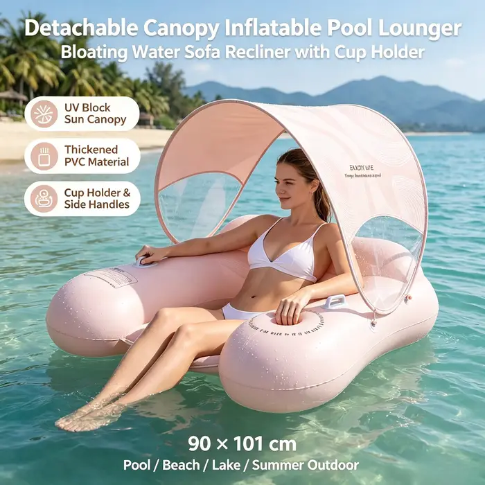 Chaise longue gonflable flottante pour piscine avec pare-soleil amovible