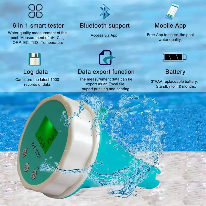 Analyseur d'eau de piscine intelligent flottant, 6 en 1, PH Combo ine, EC, TDS, ORP, TEMP, testeur p
