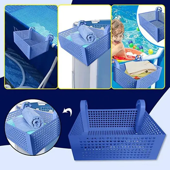 Panier de rangement au bord de la piscine avec porte-gobelets pour boissons
