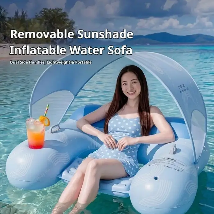 Fauteuil flottant gonflable pour piscine avec auvent pare-soleil, chaise longue flottante en forme de U avec porte-gobelets, radeau pour piscine et plage