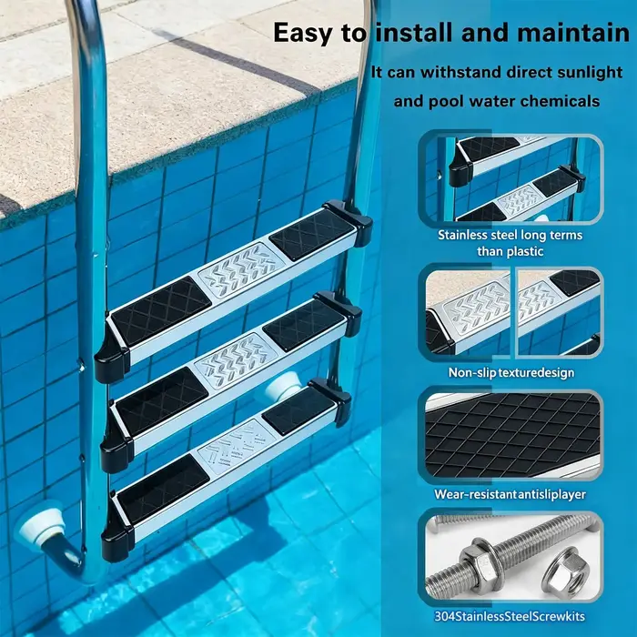 Marches d'escalier de piscine en acier inoxydable de 1,9 pouce avec boulons, marches d'escalier de piscine pour maison, villa, hôtel, complexe hôtelier, parc aquatique, spa