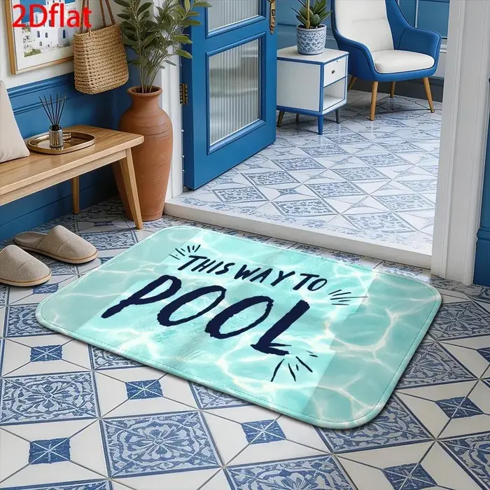 Tapis d'entrée antidérapant avec motif aquatique et lettrage « This Way To Pool » pour intérieur et 