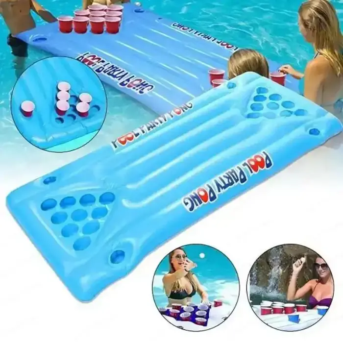 Table flottante gonflable pour beer pong – Tapis flottant pour boissons de piscine avec porte-gobelets et bac à glace pour divertissement aquatique