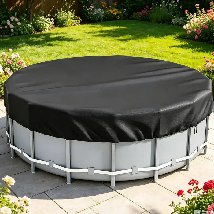 Housse de piscine ronde extérieure en tissu Oxford imperméable argenté / Protection anti-poussière avec cordon de