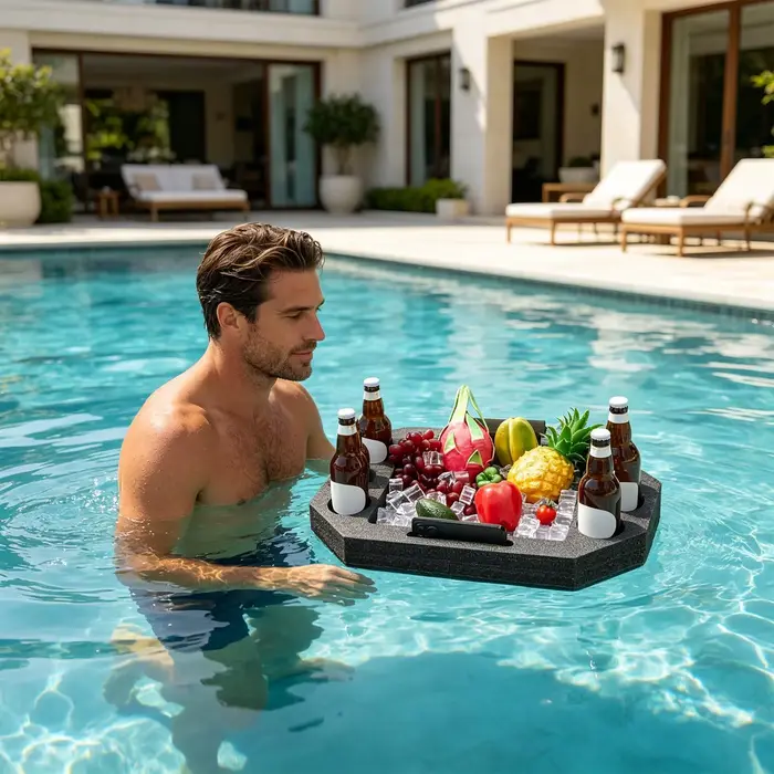 Plateau flottant pour la piscine, pour aliments et boissons, étanche, grande table de service avec séparateurs intégrés, plateau flottant pour le lac, la plage, la rivière