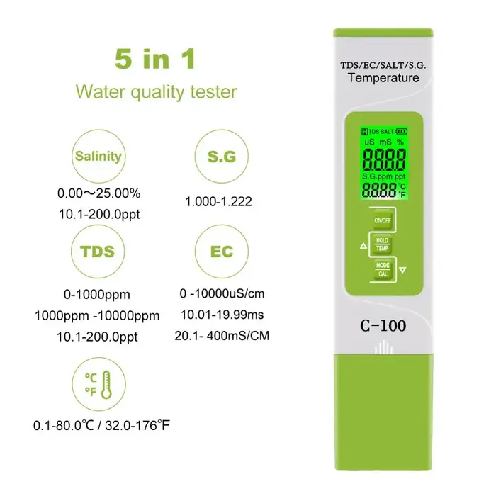 Testeur numérique de qualité de l'eau de mer 5 en 1, TDS/EC/salinité/S.G./température, pour piscines