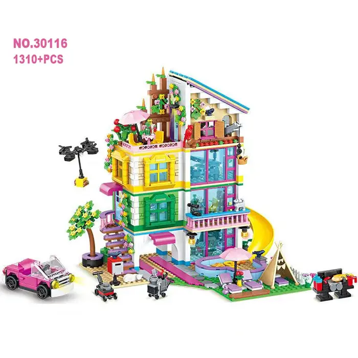 Ensemble de blocs de construction en forme de cœur pour villa avec piscine, 1310 pièces, modèle de m