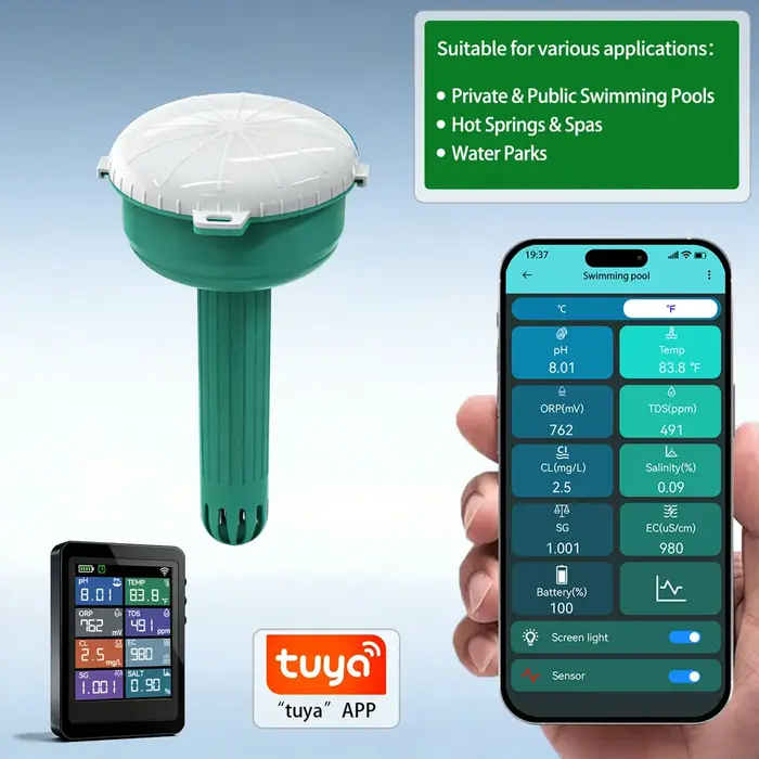 Testeur de qualité de l'eau de piscine flottant WiFi Tuya, version améliorée, 7 en 1 : pH/ORP/EC/TDS