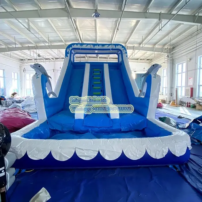 Double toboggan gonflable géant Commercial, toboggan de piscine de dauphin, maison de rebond gonflab