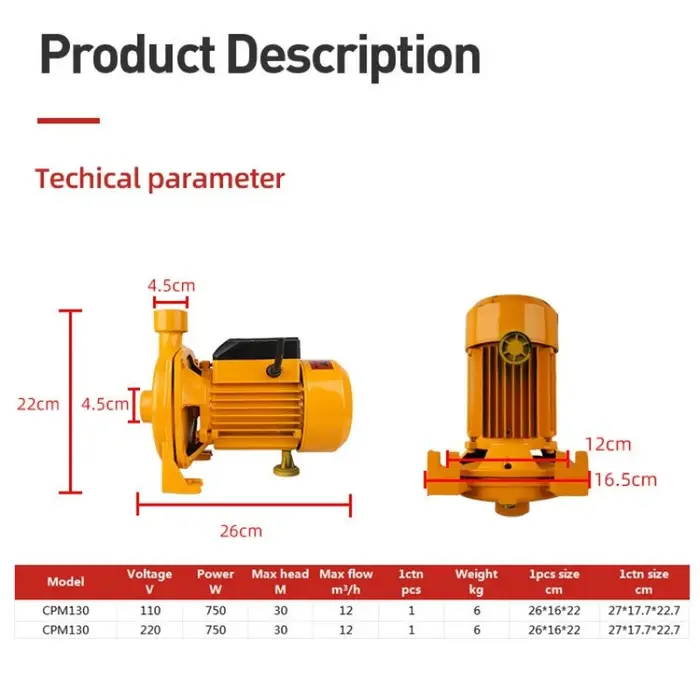 Pompe centrifuge 220V 110V 50Hz/60Hz à haute pression et haut débit