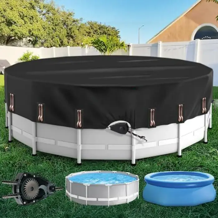 Couverture de piscine ronde conçue pour les piscines hors sol avec couvercle de chauffage solaire à cliquet à serrage rapide réduisant la perte d'eau