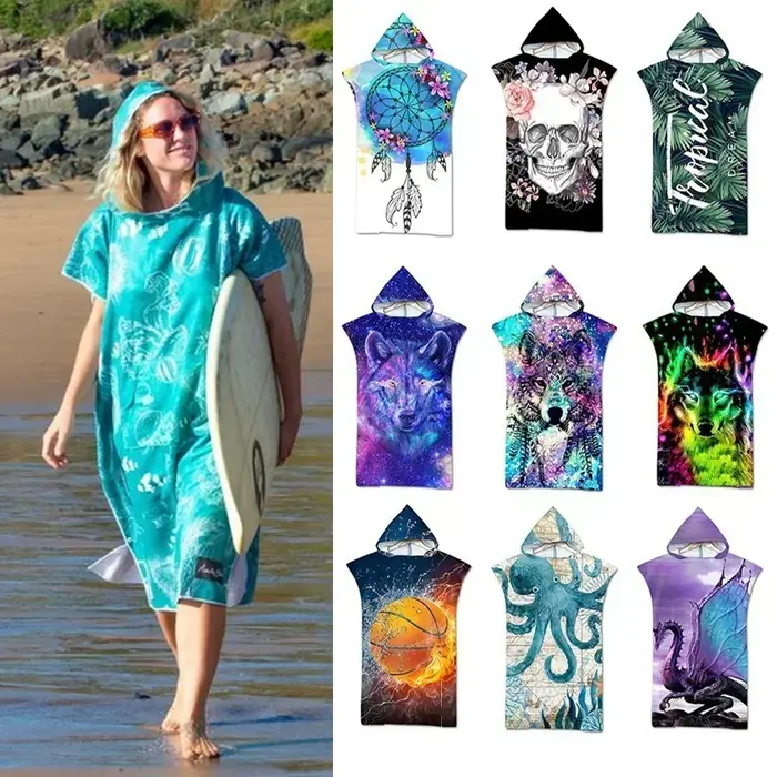 Serviette de plage à capuche imprimée pour adultes et enfants