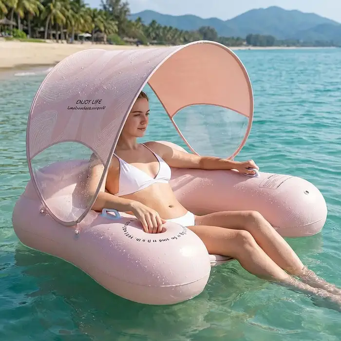 Fauteuil flottant gonflable pour piscine avec auvent pare-soleil, chaise longue flottante en forme de U avec porte-gobelets, radeau pour piscine et plage