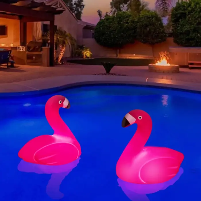 Flotteur au chlore solaire en forme de flamant rose avec lumière, flotteur au chlore pour piscine, f