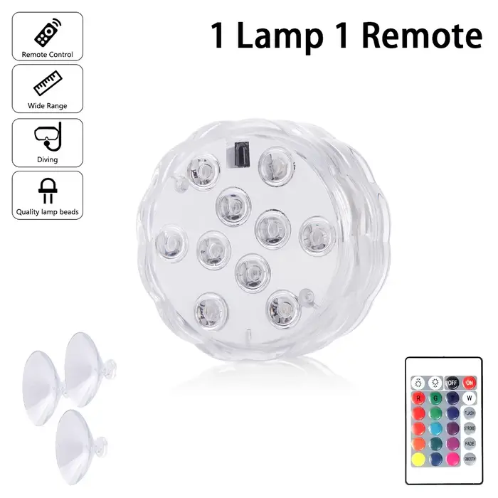 Lampe LED RGB 10 LED pour piscine, lumière subaquatique télécommandée 16 couleurs avec ventouses pou