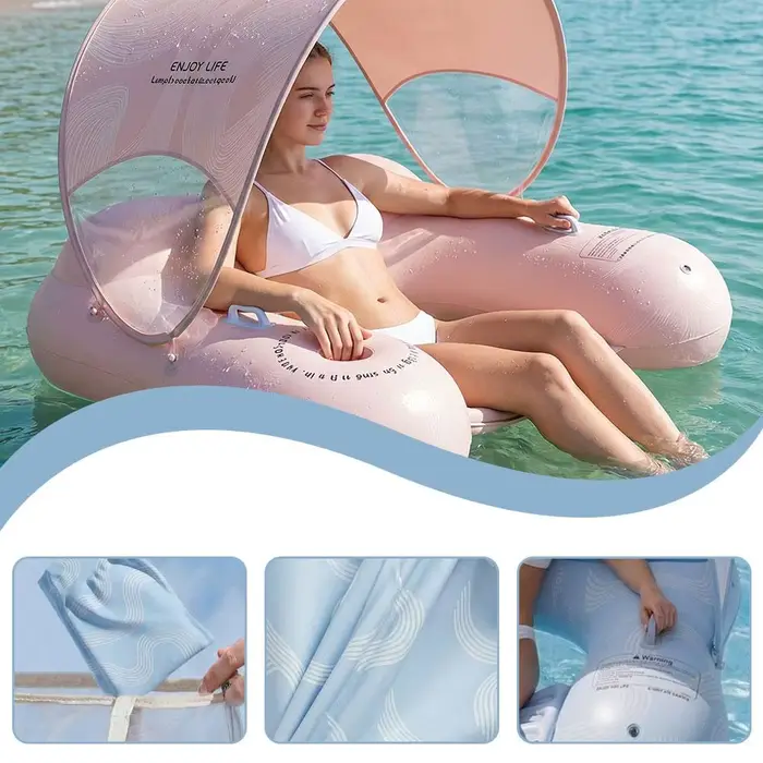 Chaise longue gonflable flottante pour piscine avec pare-soleil amovible