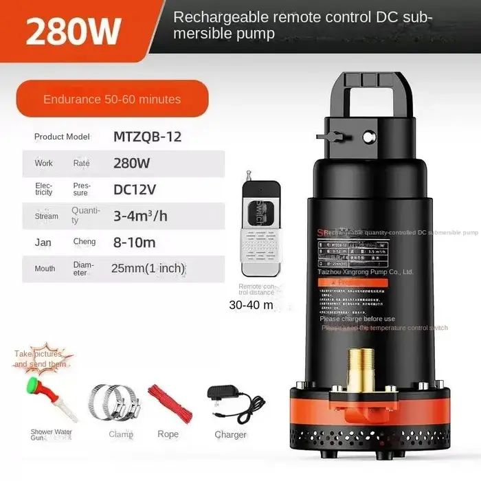 Pompe submersible au lithium Rechargeable 12V280W8 à 10 mètres de tête 70 minutes d'autonomie de la 