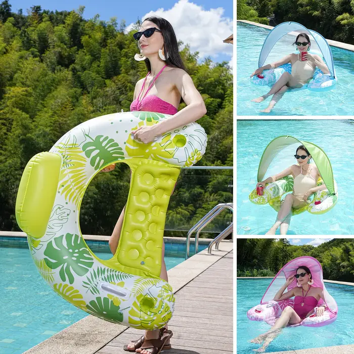 1 flotteur de piscine gonflable recouvert de tissu pour adulte avec auvent pare-soleil UPF50+ et porte-gobelets