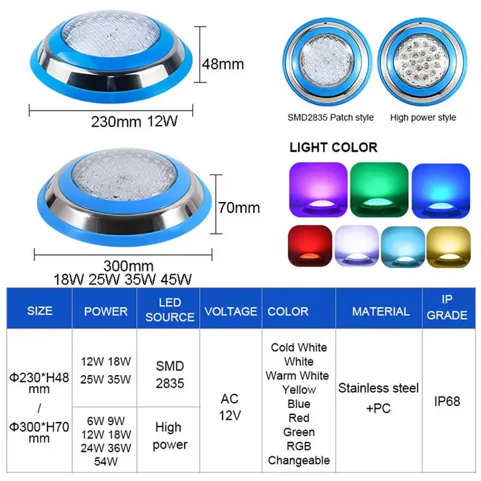 Lampes de piscine en acier inoxydable RGB 12V 12W 18W 25W 35W 45W