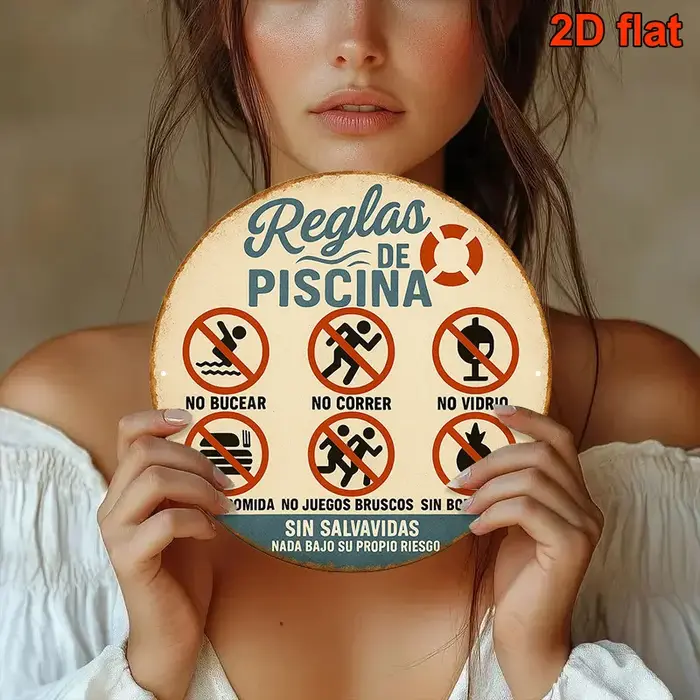 Panneau d'avertissement vintage « Règles de la piscine », panneau rond en bois espagnol, interdisant