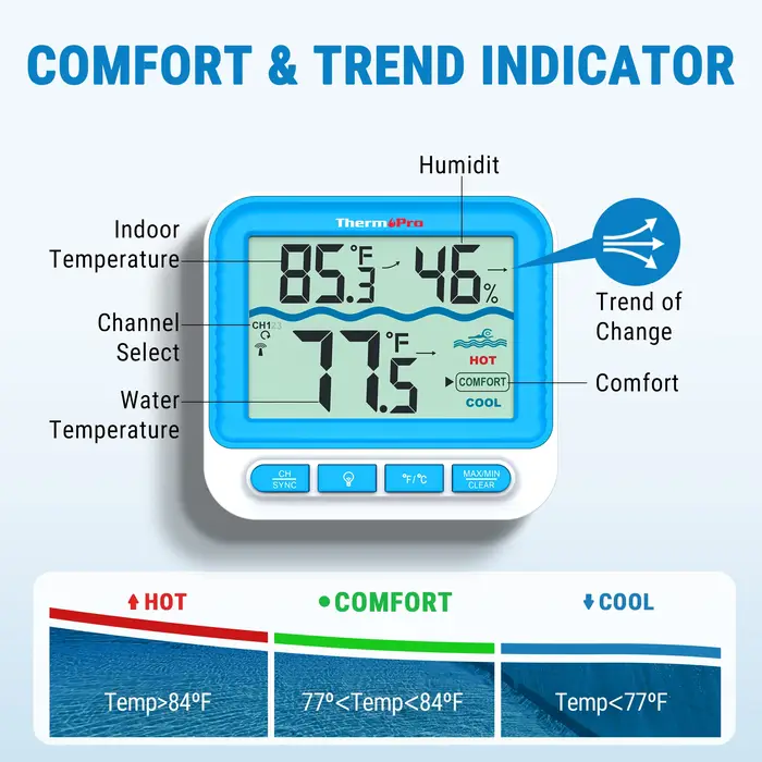 Thermopro TP211B Thermomètre de piscine sans fil de 500 pieds avec écran de lecture facile