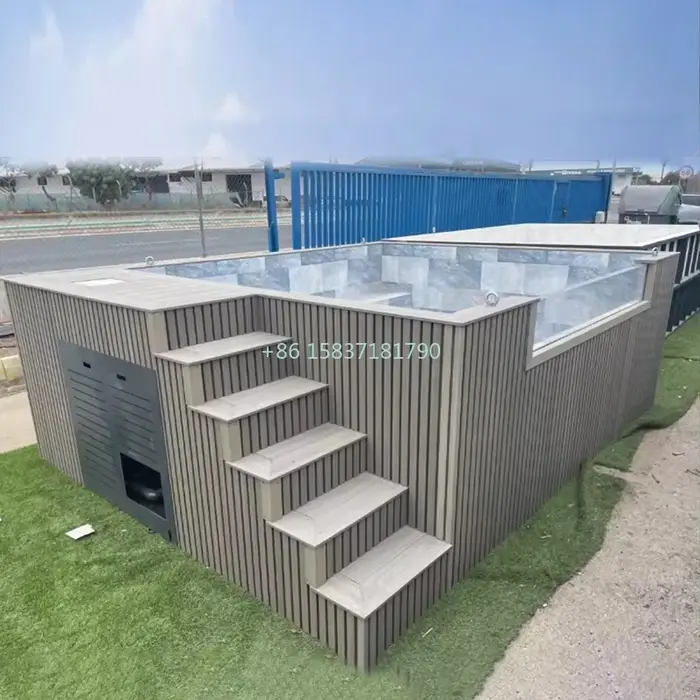 Piscine familiale hors-sol en fibre de verre transparente avec fenêtre en verre, aire de jeux aquatique en bois, pour extérieur, prix