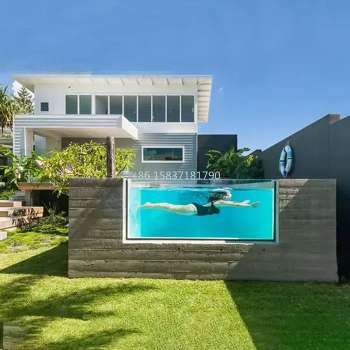 Piscine familiale hors-sol en fibre de verre transparente avec fenêtre en verre, aire de jeux aquatique en bois, pour extérieur, prix