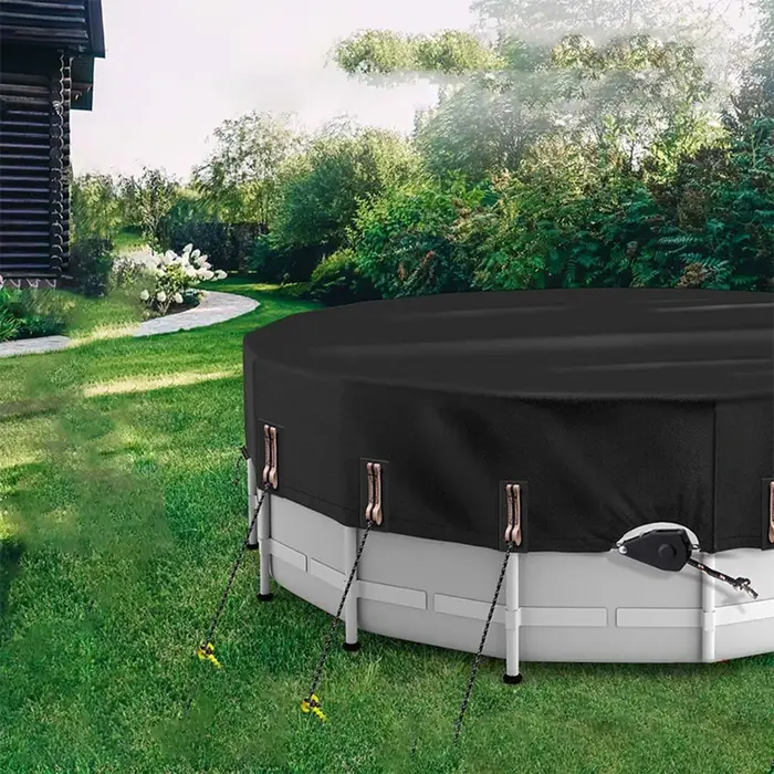 Couverture de piscine ronde conçue pour les piscines hors sol avec couvercle de chauffage solaire à cliquet à serrage rapide réduisant la perte d'eau
