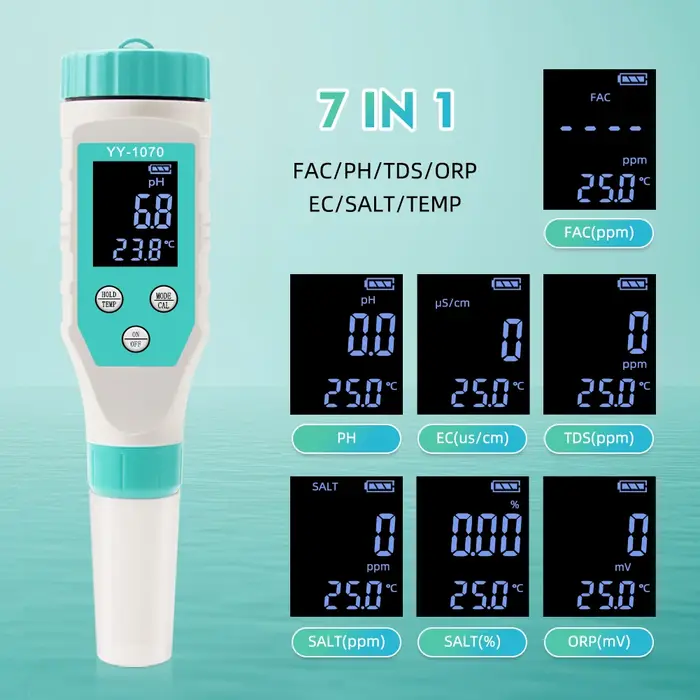 7 en 1 Cl température TDS ORP EC salinité pH mètre testeurs de chlore pour piscine filtre Aquariums qualité de l'eau PH testeur