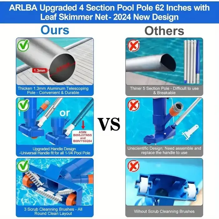 Kit de nettoyage de piscine avec perche télescopique à 4 sections