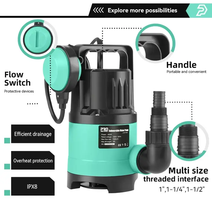 Pompe à eau Submersible 400W 7500L/H utilitaire thermoplastique électrique Portable transfert piscine étang vidange