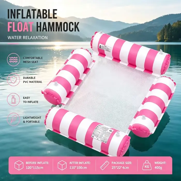 Hamac flottant gonflable d'été compact pour piscine privée, bord de mer, week-end, vacances, détente