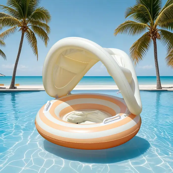 1 bouée de piscine rayée avec poignées, tube de natation gonflable avec auvent pare-soleil