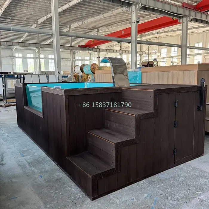 Piscine familiale hors-sol en fibre de verre transparente avec fenêtre en verre, aire de jeux aquatique en bois, pour extérieur, prix