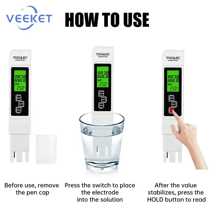 Testeur d'eau numérique 3-en-1 TDS EC avec écran LCD rétroéclairé pour l'analyse de la qualité de l'eau potable