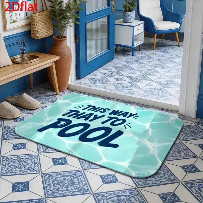 Tapis d'entrée antidérapant avec motif aquatique et lettrage « This Way To Pool » pour intérieur et extérieur