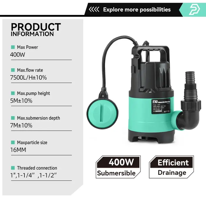 Pompe à eau Submersible 400W 7500L/H utilitaire thermoplastique électrique Portable transfert piscine étang vidange